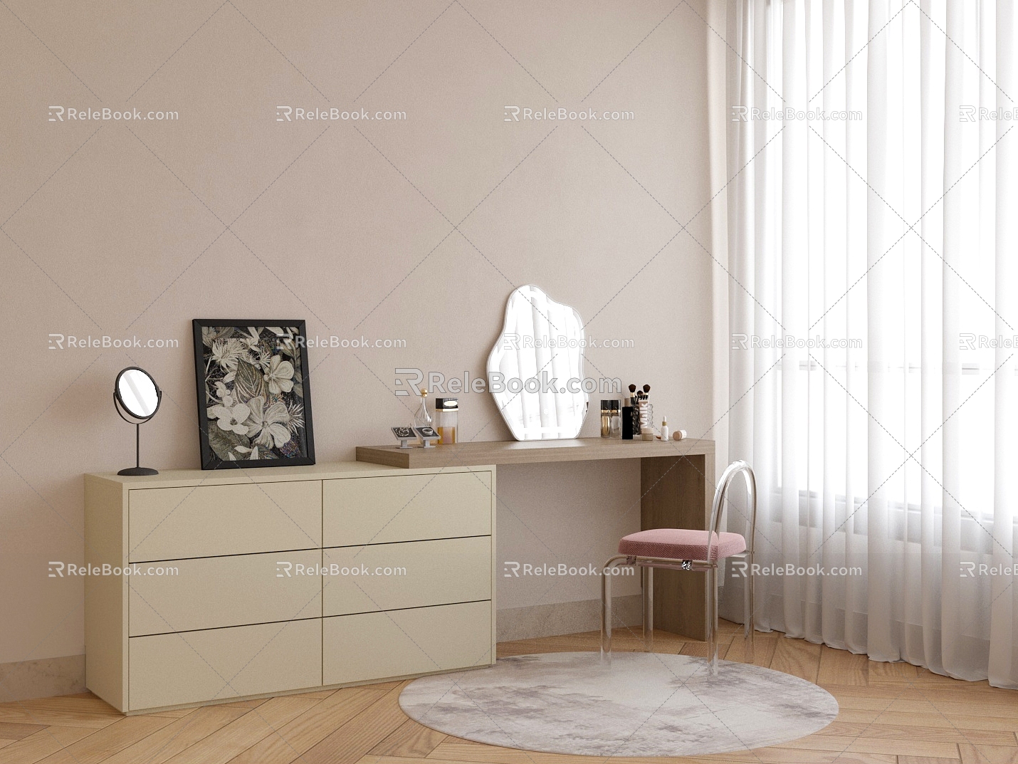 Modern Dressing Table Acrylic Chair Combination Makeup Mirror Cosmetic Carpet Decorative Painting 3d model