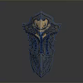 Ornate Medieval Shield with Intricate Engraved Patterns Gold Accents and Dark Metal Base