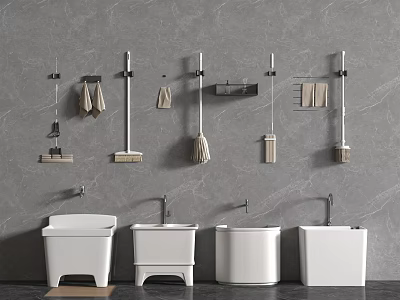White Bathroom Accessories with Hanging Cleaning Tools and Mop Sinks on Gray Marble Wall 3d model