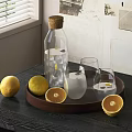 Glass Cups With Lemon Slices And Orange Halves On Wooden Tray With Cork Bottle