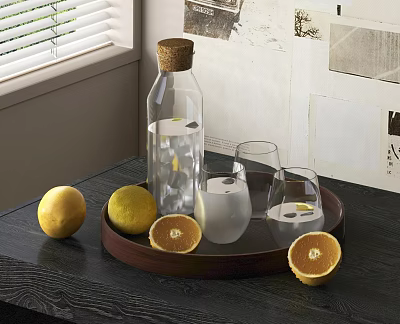 Glass Cups With Lemon Slices And Orange Halves On Wooden Tray With Cork Bottle 3d model