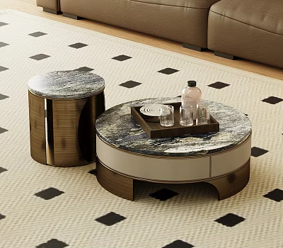 Modern Round Coffee Table With Marble Top Metal Frame And Side Table On Checkered Rug 3d model