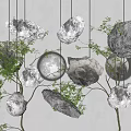 Natural Stone Shaped Chandeliers With Green Plants And Tree Branches In Modern Interior