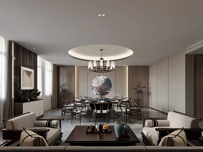 Chinese Style Private Dining Room Interior With Round Dining Table Chandelier Sofas And Decorative Painting 3d model