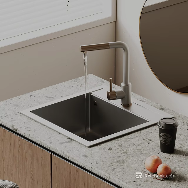 Modern Kitchen Sink With Brass Faucet Grey Countertop Round Mirror And Starbucks Cup 3d model 