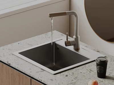 Modern Kitchen Sink With Brass Faucet Grey Countertop Round Mirror And Starbucks Cup 3d model