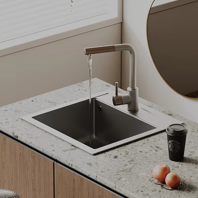Modern Kitchen Sink With Brass Faucet Grey Countertop Round Mirror And Starbucks Cup 3d model