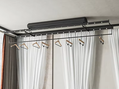 Ceiling Mounted Hanging Clothes Hangers with Multiple Hooks and Curtain Backdrop 3d model