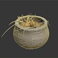 Wilted Dried Grass Plant in Textured Clay Pot on Neutral Gray Background