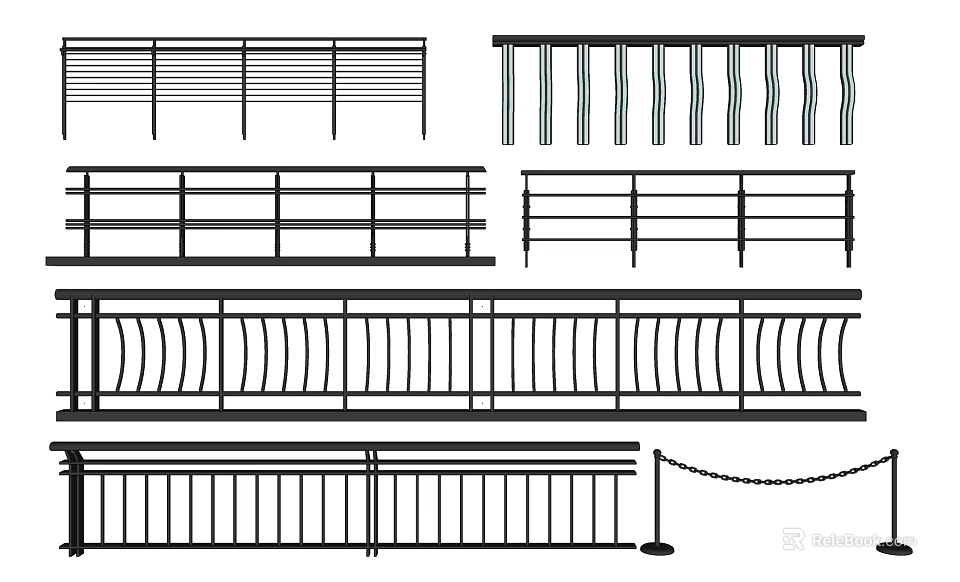 Different Types of Railings Designs with Horizontal Vertical and Curved Patterns 3d model 