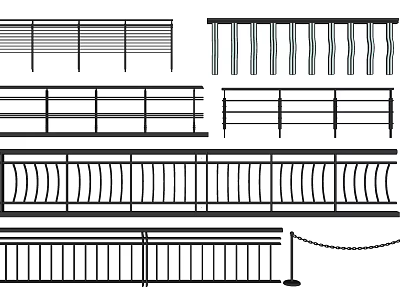 Different Types of Railings Designs with Horizontal Vertical and Curved Patterns 3d model