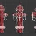 Three Red Fire Hydrants With Chains And Valves Standing In A Row