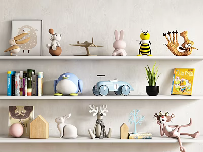 Stuffed Animal Toys Including Bunny Bee Penguin Reindeer on White Shelves with Books 3d model