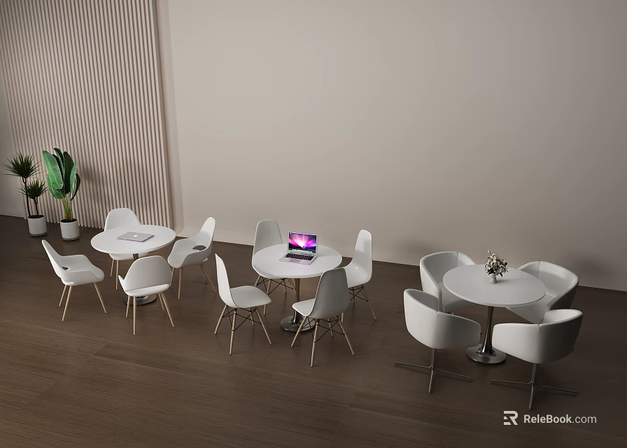 Modern White Table And Chair Set In Interior Space With Plants And Laptop 3d model 