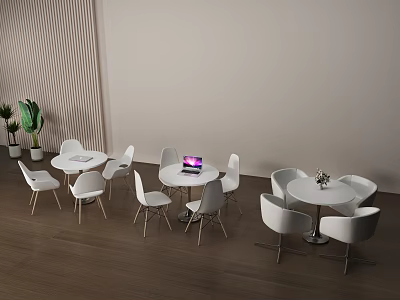 Modern White Table And Chair Set In Interior Space With Plants And Laptop 3d model