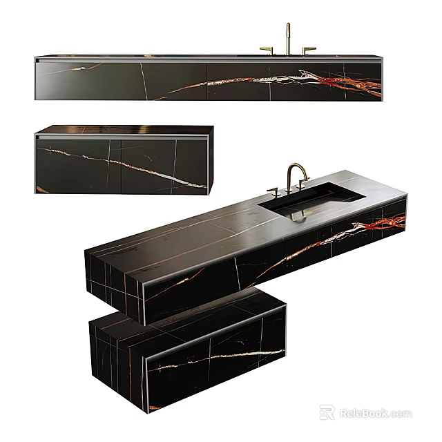 Elegant Black Marble Washbasin Vanity With Veined Countertop Faucet And Cabinet 3d model 