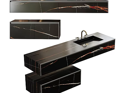Elegant Black Marble Washbasin Vanity With Veined Countertop Faucet And Cabinet 3d model