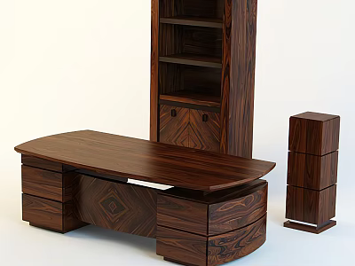 Wooden Office Desk With Drawers And Matching Bookshelf Cabinet Setup 3d model