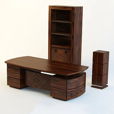 Wooden Office Desk With Drawers And Matching Bookshelf Cabinet Setup 3d model