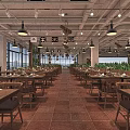 Spacious Open Restaurant Interior With Pirate Flags Long Tables Large Windows And Red Brick Walls