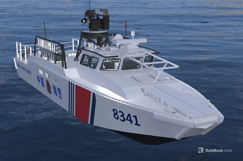 White Chinese Coast Guard Vessel With Red Blue Stripes And Number 8341 On Water 3d model 