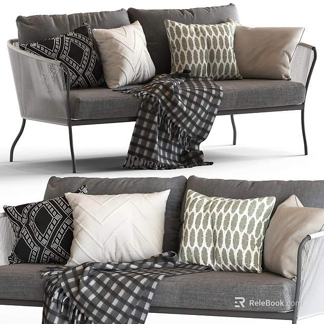 Gray Sectional Sofa With Multiple Decorative Pillows And Plaid Throw Blanket 3d model