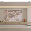 TV Background Wall With Large Group Gathering Painting TV Stand Bookshelf And Green Plant Decor