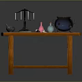 Wooden Table Display With Balance Scale Copper Pot Small Bottles And Spoon