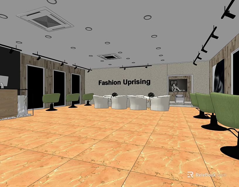 Fashion Uprising Beauty Hair Salon Interior With Green Chairs White Sofas And Wooden Floor 3d model 