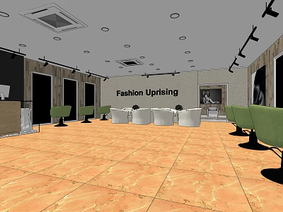 Fashion Uprising Beauty Hair Salon Interior With Green Chairs White Sofas And Wooden Floor 3d model