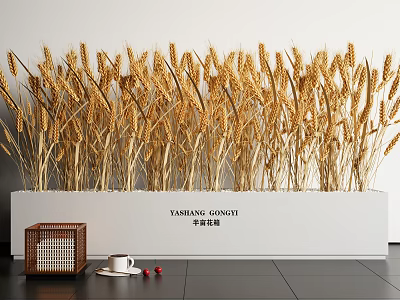 Golden Wheat Plants in White Rectangular Planter with Wicker Basket White Cup and Red Berries 3d model