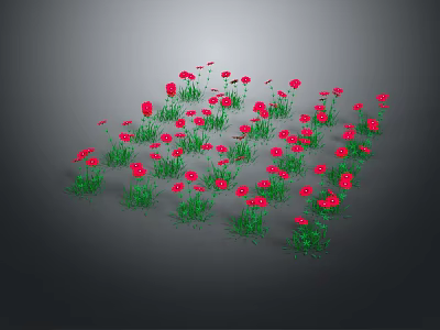 Vibrant Red Flowers With Lush Green Leaves Growing In Cluster Against Gray Background 3d model