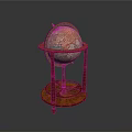 Vintage Globe On Red Wooden Stand With Round Base And Colorful Map