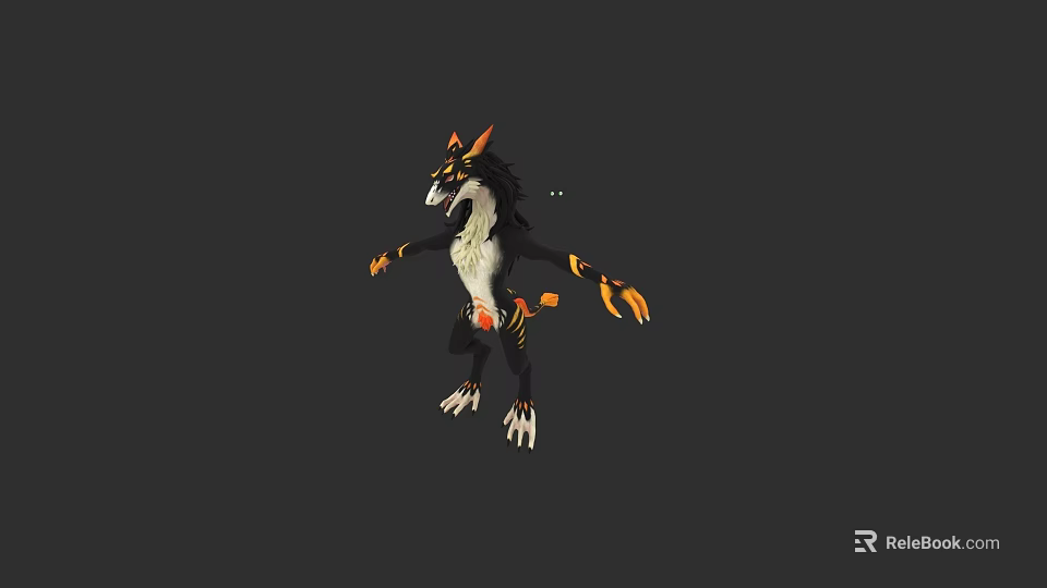 Anthropomorphic Fantasy Creature Standing With Orange Black Markings And Pointed Ears 3d model 