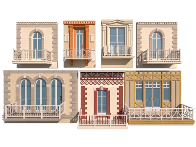 Diverse Architectural Facade Designs Featuring Colorful Balconies And Decorative Windows 3d model