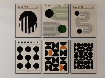 Bauhaus Posters With Geometric Patterns Black White Green Orange Hues 3d model
