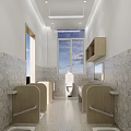 Kindergarten Bathroom Interior With Wooden Shelves Hexagonal Tile Wall Double Sink Vanity And Mirror