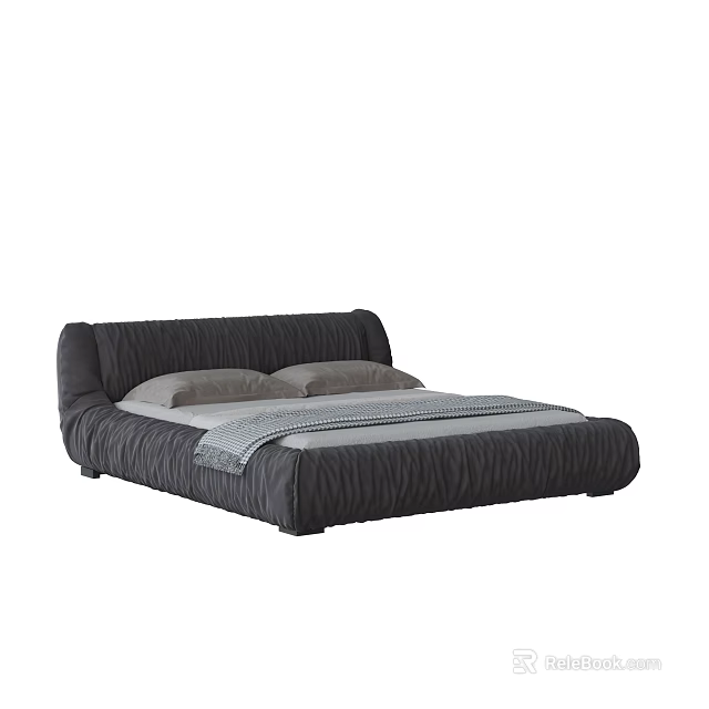 Modern Dark Gray Double Bed With Pleated Design Soft Pillows And Blanket 3d model