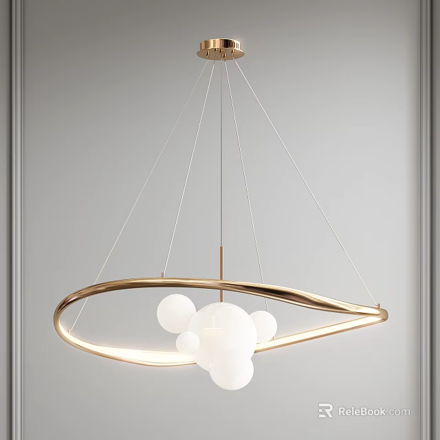 Elegant Modern Chandelier Featuring Golden Circular Ring and White Spherical Globes 3d model 