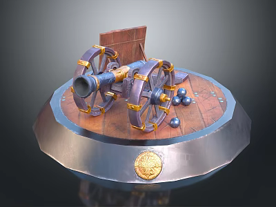 Antique Cannon with Ornate Wheels on Wooden Platform Including Cannonballs and Golden Emblem 3d model