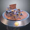 Antique Cannon with Ornate Wheels on Wooden Platform Including Cannonballs and Golden Emblem