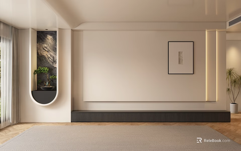 Modern Sofa Background Wall Design With White Surface Black Framed Artwork Arched Niche And Plant 3d model 