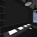 Public Restroom Interior With Black Tiled Walls Wooden Stalls Sink Counter And Ceiling Lights