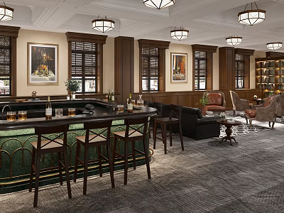 Elegant Leisure Area Interior With Bar Counter Stools Ceiling Lights And Decorative Paintings 3d model