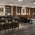 Elegant Leisure Area Interior With Bar Counter Stools Ceiling Lights And Decorative Paintings