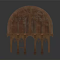 Gothic Style Wooden Sculpture With Arched Top Intricate Carvings And Decorative Columns