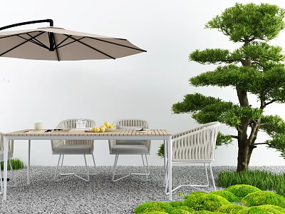 Outdoor Table With Chairs Umbrella And Fruits On Gravel Ground Near Green Plants And Tree 3d model
