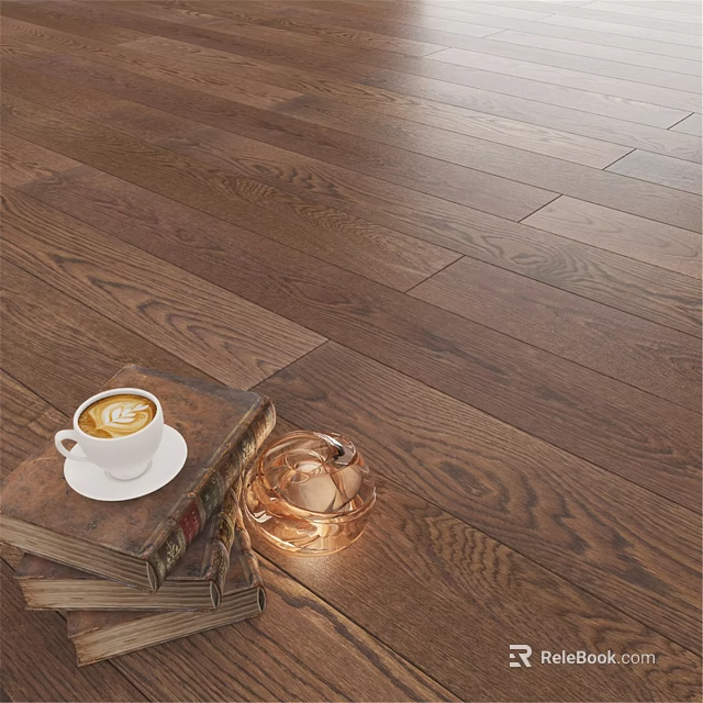 Natural Rustic Wooden Floor With Coffee Cup Stacked Books And Glass Ornament 3d model 