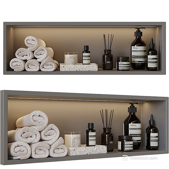 Bathroom Accessories Display On Shelves With Rolled Towels Candles And Bottles 3d model 