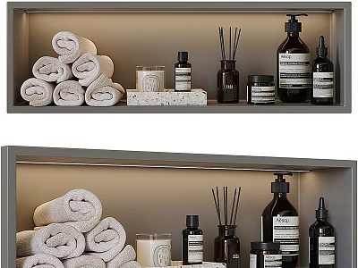 Bathroom Accessories Display On Shelves With Rolled Towels Candles And Bottles 3d model